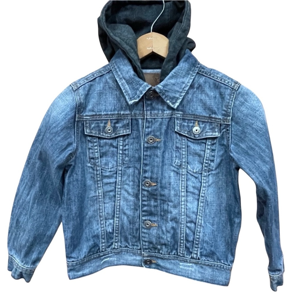 GUESS Distressed Boys Hooded Jean Jacket Zip & Snap Size 7 Logo Hoodie
